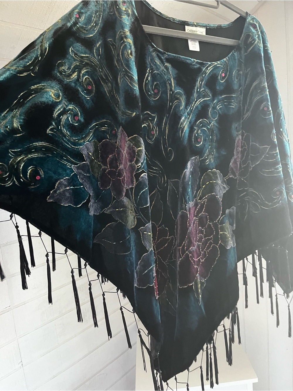 Coldwater Creek Teal & Black Velvet Floral Poncho Macrame